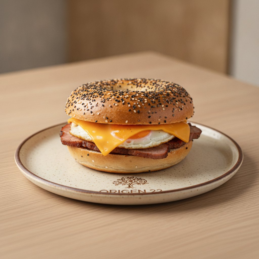 Bagel de lomito, cheddar, y huevo