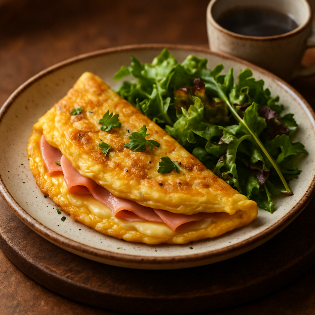 Omelette de jamón y queso con ensalada