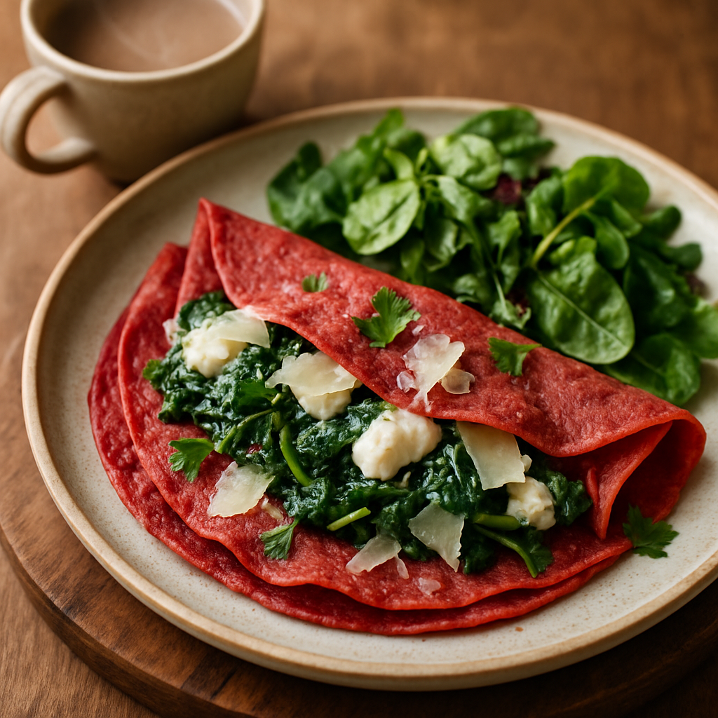 Crepes de remolacha con espinaca salteada, ricotta y parmesano + ensalada