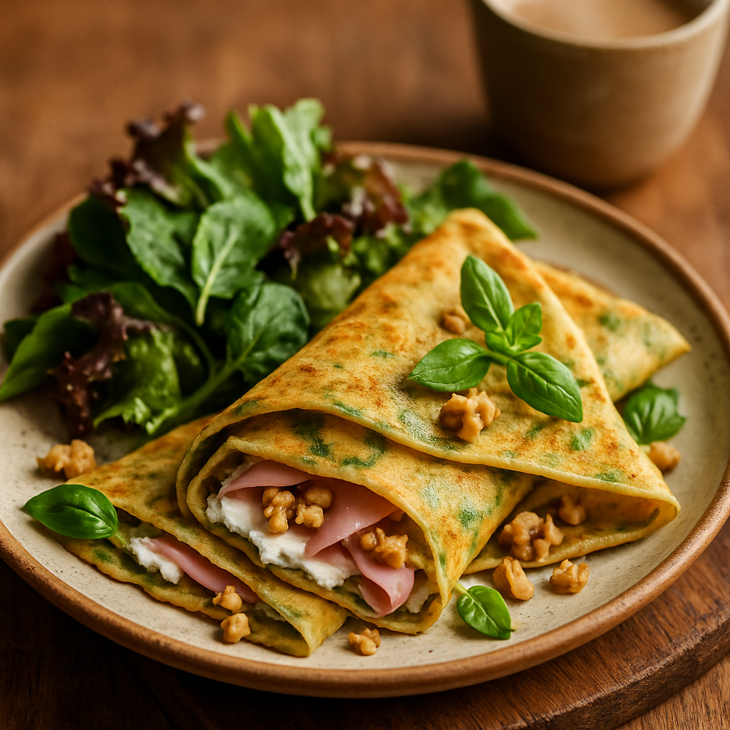 Crepes de albahaca con ricota, jamón y nueces + ensalada
