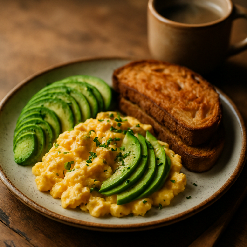 Huevos revueltos con palta + tostada de pan de campo